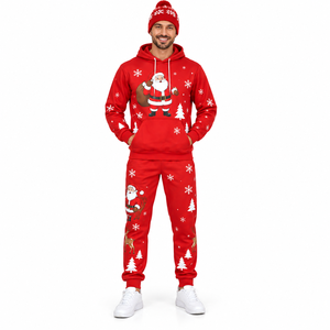 Ensemble de survêtement de Noël pour hommes en gros : sweat à capuche, pantalon de jogging et bonnet – Couleur unie, costume deux pièces personnalisé pour les fêtes - Product Image 1
