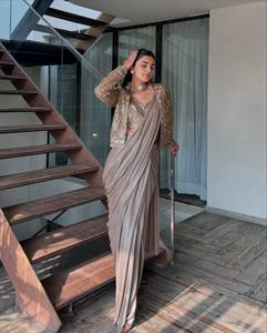 Women Traditional Silk <b>Saree</b> Set <b>With</b> Embroidered <b>Jacket</b> Gold Beige Wedding Wear India Pakistan Style Floor-Length Regular Fit - Product Image 4
