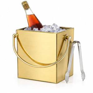 Seau à glace carré doré avec pinces, en acier inoxydable à double paroi isolé, refroidisseur à vin exclusif, refroidisseur de boissons métallique pour bar - Product Image 1