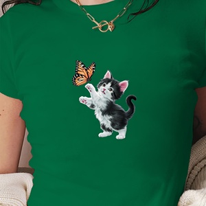 เสื้อยืดสั้นแฟชั่นผู้หญิงลายลูกแมวถึงผีเสื้อ - Product Image 1