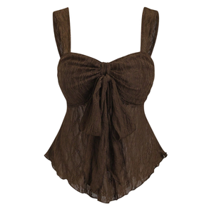 Blusa Peplum de Encaje Marrón para Mujer, con Tirantes Anchos y Lazo Frontal, Sin Mangas, Transpirable, de Poliéster, Elegante, a la Moda, Casual de Verano - Product Image 1