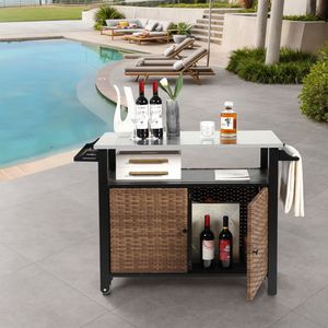 Mobiletto da Esterno per Cucina con Ruote in Acciaio Inossidabile, Carrello a Isola in Vimini con Piano Estensibile e Maniglia Laterale per un Trasporto Conveniente - Product Image 1