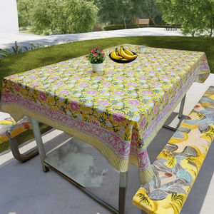 Mantel de Algodón con Estampado Floral Moderno, Ecológico y Personalizable, Hecho a Mano en India, con Diseño de Flores Amarillas, Rectangular, para Mesa de Comedor - Product Image 3