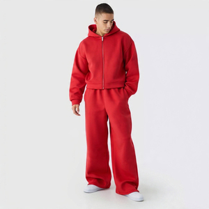 Chándal personalizado de color rojo, estilo holgado, con cremallera en las mangas, informal, de corte holgado, estilo urbano, unisex, 100% algodón. - Product Image 2