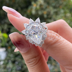 Pear Cut Lab Diamond Floral Halo Engagement <b>Ring</b> 18K Gold Plated Silver Dainty Unique Bridal <b>Stacking</b> Band Unisex - Product Image 2