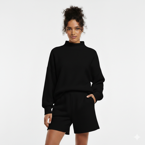 Ensemble deux pièces streetwear pour femme, hiver, manches longues, motif uni, respirant, col montant et short, broderie machine - Product Image 3