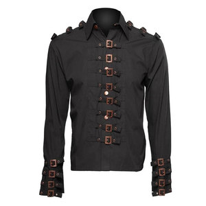 Gothic Men's Steampunk Style <b>Shirt</b> Black Long Sleeve Industrial Top with Copper-Tone Buckle Closures - Product Image 1