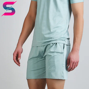Conjunto de Camiseta y Pantalones Cortos de Algodón Azul Claro para Hombre, Cuello Redondo, Color Sólido, Informal, Transpirable, Tejido de Punto, para Verano, Precio al por Mayor - Product Image 6