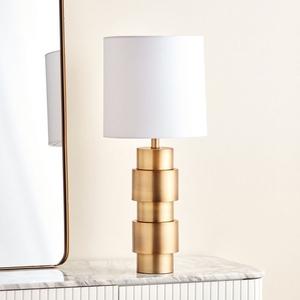 Modern Luxury Gold Stacked Cylinder <b>Table</b> Lamp Nordic <b>LED</b> <b>Bedside</b> Light Fabric Shade for Hotel Bedroom Home Decor Accent - Product Image 2