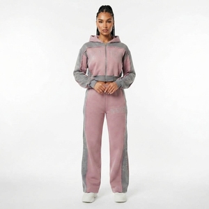 Conjunto de Sudadera Corta con Cremallera y Pantalones Jogger de Pierna Ancha para Mujer, con Bloques de Color y Detalles de Pedrería, Estilo Urbano - Product Image 1