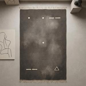 Alfombra de Lana Anudada a Mano de Primera Calidad en Gris Carbón, Diseño Minimalista Abstracto Moderno, con Flecos y Borlas - Product Image 1