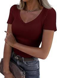 Camiseta casual de verano para mujer con cuello en V, 100% algodón, cuello redondo, manga corta, tejido liso. - Product Image 3