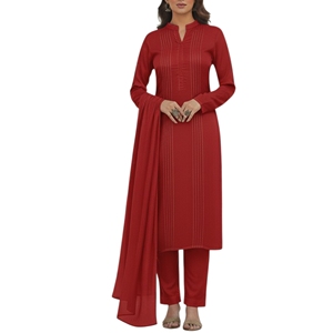 Salwar Kameez en coton et lin rouge avec dupatta, motif rayé, tenue ethnique traditionnelle pour femmes, usage quotidien, toutes saisons, séchage rapide - Product Image 2