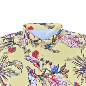 Performance <b>Men's</b> Yellow <b>Tropical</b> Floral Parrot Print Short Sleeve Golf Polo <b>Shirt</b> Casual Polo <b>Shirt</b> Button Collared Casual Top - Product Image 3