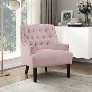 Poltrona Moderna Tradizionale in Legno Massello con Rivestimento in Ciniglia Rosa e Design Trapuntato a Bottoni per Arredamento Soggiorno - Product Image 1