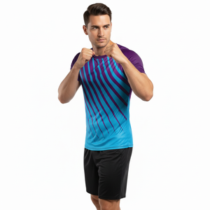 Men's Blue Purple Striped Short Sleeve Rash Guard Quick Dry <b>Compression</b> <b>Shirt</b> for MMA Jiu Jitsu Training - Product Image 1