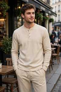 <b>Men's</b> Beige <b>Henley</b> Stand Collar Long Sleeve <b>Shirt</b> And Drawstring Pants Casual Tracksuit Set - Product Image 3