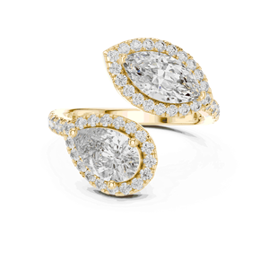 แหวนหมั้นเพชรทรงมาร์คีส์เม็ดคู่ล้อมเพชรแบบฮาโล ทองคำแท้ 18K เพชรเลี้ยงในห้องปฏิบัติการ Toi Et Moi สำหรับทั้งชายและหญิง สี E ระดับความสะอาด VVS VS ตัวเรือนแบบ Pave Shank - Product Image 1