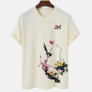 Camiseta de Manga Corta para Hombre Estilo Chino con Estampado Floral de Aves, Cuello Redondo, Corte Regular, Tejido de Tela, Venta al por Mayor, Impresión de Logotipo Personalizado - Product Image 1