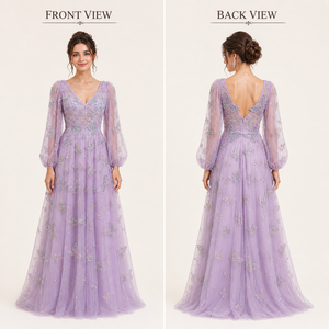 Vestidos de noche de lujo con bordado de lavanda, diseño de mariposa, manga larga, vestido de tul natural |   Ropa Elegante para Fiestas, OEM Privado - Product Image 6