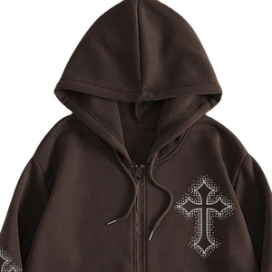 Sweat-shirt à capuche zippé marron Y2K Streetwear personnalisé, unisexe, coupe oversize, avec motif croix gothique en strass et cristaux - Product Image 1