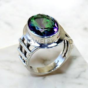 แหวนเงินแท้ 925 สไตล์โบฮีเมียนประดับพลอยมิสติกโทแพซแท้ งานแฮนด์เมด เครื่องประดับงานแต่งงานชั้นดี แหวนพลอยเงินสำหรับผู้หญิง - Product Image 1