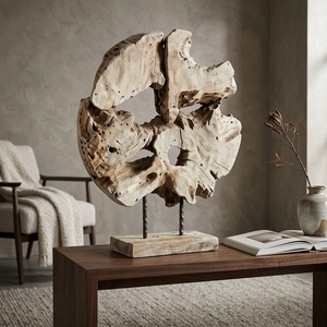Moon Stand Handcrafted <b>Wooden</b> Disc Sculpture <b>Rustic</b> Organic Tabletop Decorative Artwork Metal Stand Home Decor Display Accent - Product Image 3