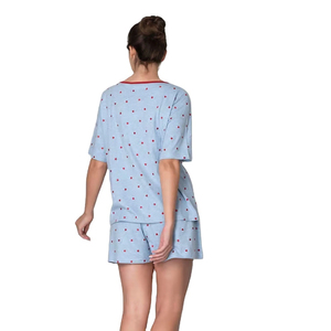 Ensemble 2 pièces décontracté pour femme, motif pois bleu clair, manches courtes, col rond, tricoté, respirant, coupe ample, printemps-été - Product Image 4