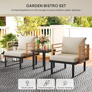 3 pezzi piccolo Set da bistrot in metallo con cuscini Beige poltrone e tavolo a doghe per balcone Patio e mobili da giardino - Product Image 4