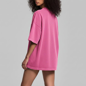 Women's Oversized Crew Neck T-Shirt 100% Cotton Loose Fit Three Quarter Sleeve Solid <b>Pink</b> Jersey Fabric Spring Summer Style - Product Image 3