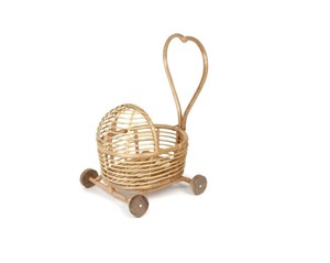 Poussette pour poupée en osier avec poignée en forme de cœur, roues en bois et panier en rotin naturel tressé pour jeux d'imitation pour enfants, fabriquée au Vietnam - Product Image 3