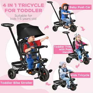 Triciclo per Bambini 4-in-1 Nero con Maniglia di Spinta, Sedile Girevole, Tettuccio e Funzioni di Stoccaggio - Product Image 4