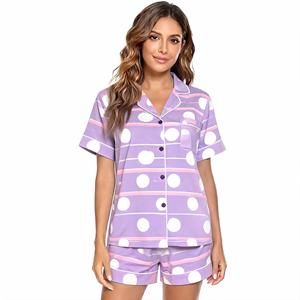 Ensemble de pyjama en satin bleu pour femmes, manches courtes, boutons sur le devant, élégant, vêtements de nuit d'été - Product Image 2