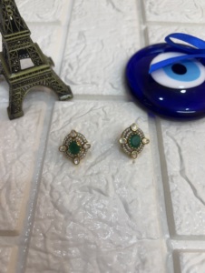 Vintage Gold Plated <b>Stud</b> <b>Earrings</b> With Green <b>Crystal</b> And Rhinestone Bezel Setting Geometric Design Women's Everyday Wear jewelry - Product Image 2