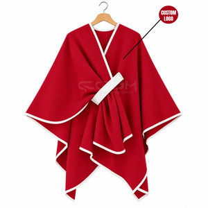 Cosh International Sorority Sisterhood Red Asymmetric <b>Poncho</b> With White Trim V-Neck Belt Closure Full Sleeve Long Sweater - Product Image 1