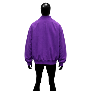 Blouson universitaire en laine violette pour homme, blouson bomber surdimensionné personnalisé avec fermeture à boutons-pression, col, poignets et ourlet côtelés, vente en gros - Product Image 2