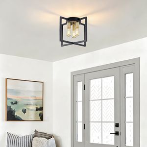 Lampadario a 3 Luci Semi-Incasso Nero e Oro con Paralume Geometrico in Metallo, Stile Industriale Rustico, Luce da Soffitto 6000K AC - Product Image 2