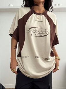 Women'S Streetwear Oversized Short Sleeve, Y2K Street Style Letter Print Trendy <b>Top</b>, Off-Shoulder Design <b>Patchwork</b> T-Shirt - Product Image 4