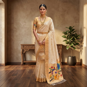 Sari en soie crème avec broderies de paons et de fleurs pour femmes, tenue de mariage traditionnelle, style indien - Product Image 1