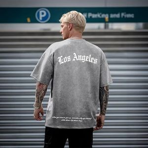 Camisetas Gráficas Vintage Oversize para Hombre, Estilo Urbano de Los Ángeles, Lavado Ácido, Holgadas, Casuales, de Algodón - Product Image 3