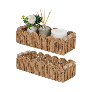 Neutral Rattan <b>Storage</b> <b>Basket</b> with 2 Wooden Handles, Scalloped Edge Toilet Paper <b>Basket</b> for Bathroom Shelf Decor - Product Image 1