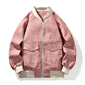 Veste en PU pour homme, couleur unie, fermeture éclair sur le devant, col rabattu, coupe classique, vêtement d'automne, manteau en cuir et laine, veste de baseball - Product Image 4