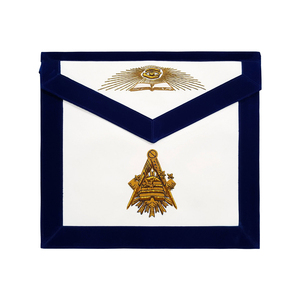 Tablier de Maître Maçon Premium pour Loge Bleue, en Satin Blanc avec Bordure Bleu Marine, Broderie Dorée, Fabricant OEM, Broderie au Fil Doré - Product Image 1