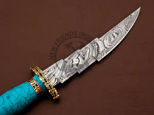 Couteau à lame fixe neuf en acier Damas, couteau Bowie de collection, couteau de chasse avec manche en pierre, couteau de survie avec étui - Product Image 3