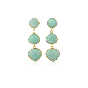 Bridal Gift Jewelry Checker Cut Natural Amazonite Triple Stone Stud Drops 18k Gold Plated Bezel Setting Statement Brass <b>Earring</b> - Product Image 1