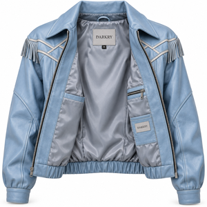 Blouson en cuir véritable bleu ciel pour femme avec franges aux épaules, taille élastique et fermeture éclair – Fabrication sur mesure - Product Image 5