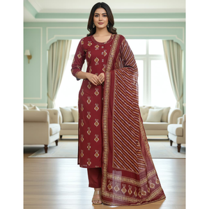 Laxmi Lifestyle Premium Export Ensemble de 3 chemises traditionnelles indiennes en coton Dhabu à imprimé feuille métallisée lavable pour femmes, tenue de soirée - Product Image 6