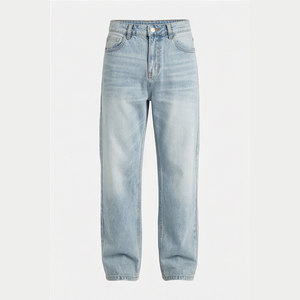 Jean en denim délavé coupe droite taille haute pour homme, coupe régulière, en coton, décontracté, bleu clair, style printemps - Product Image 1