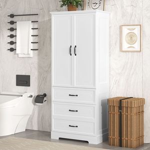 Mobiletto Alto da Bagno in MDF Bianco con Due Ante e Cassetti, Ripiano Regolabile - Product Image 3