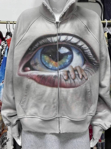 Sweat à capuche zippé intégral personnalisé pour homme, en coton 100% grammage lourd, délavé à l'acide, avec imprimé œil, style streetwear, coupe oversize, haute qualité, 2026 OEM - Product Image 6